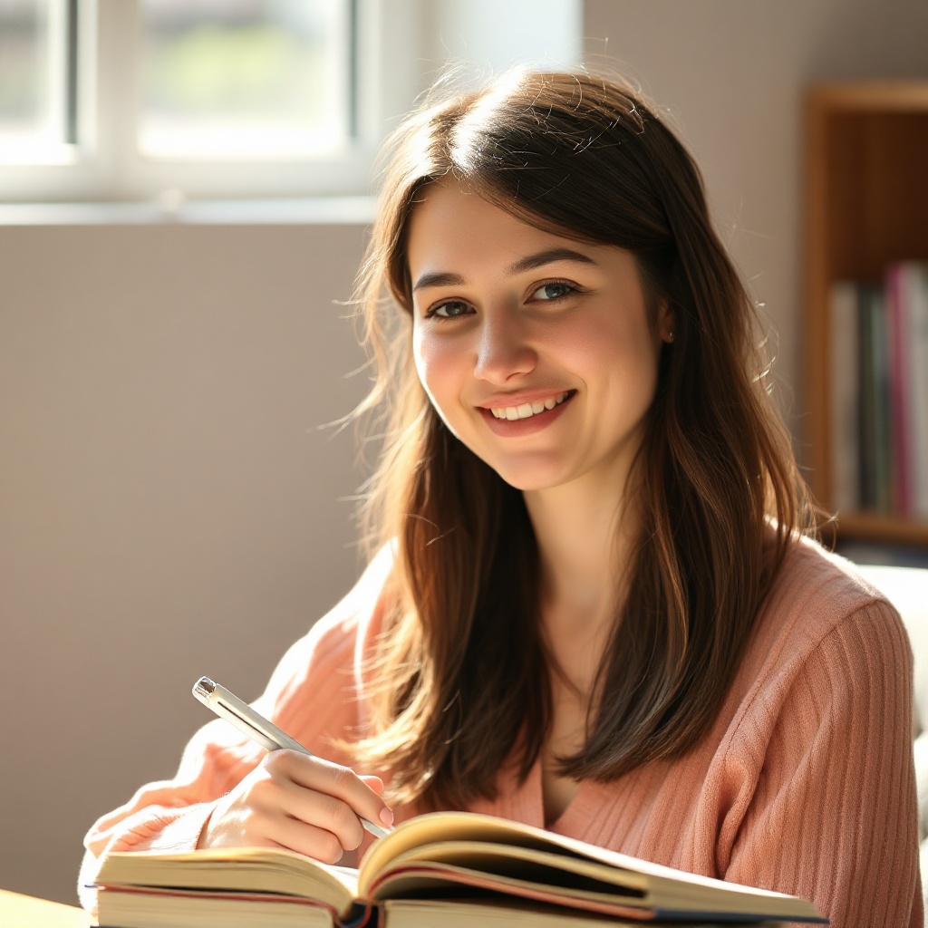 professional editorial portrait of a warm friendly female writer, natural lighting, calm atmosphere