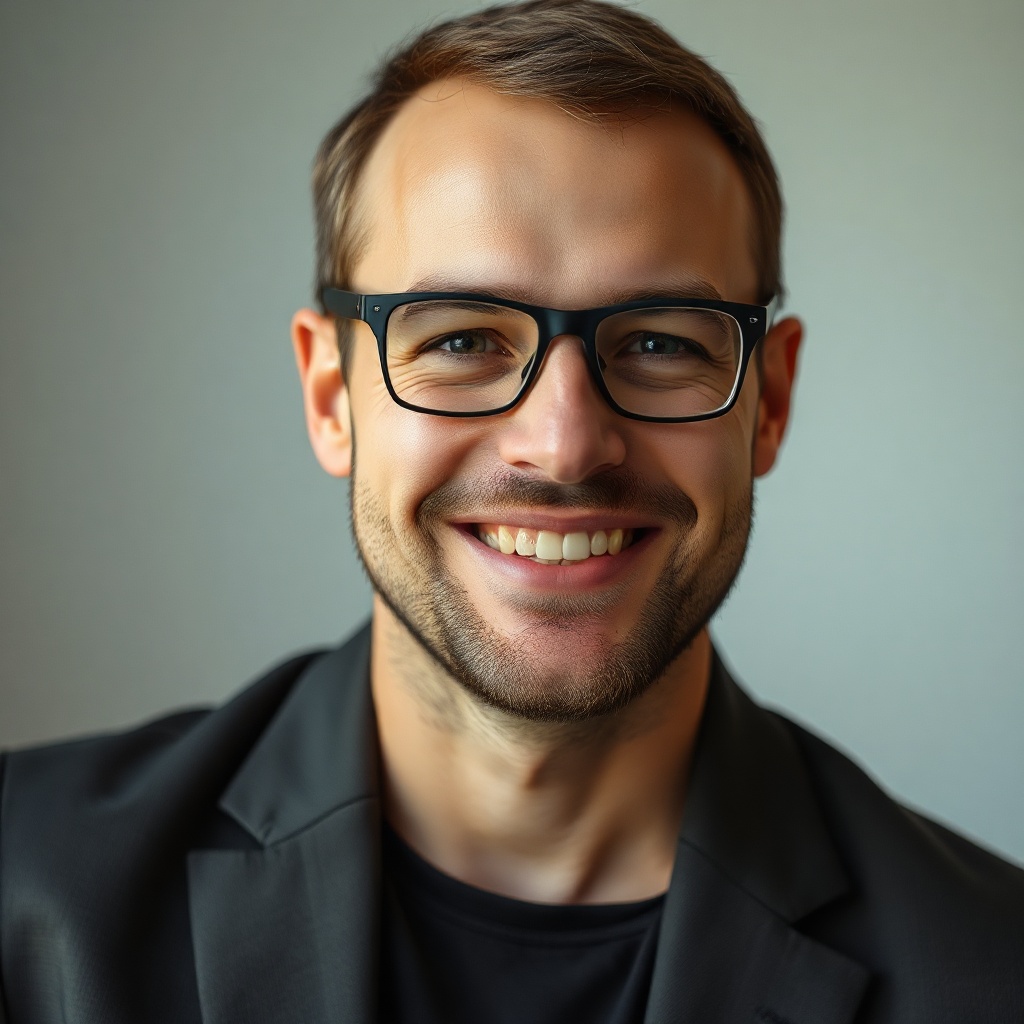 professional editorial portrait of a creative male photographer, friendly smile, soft background