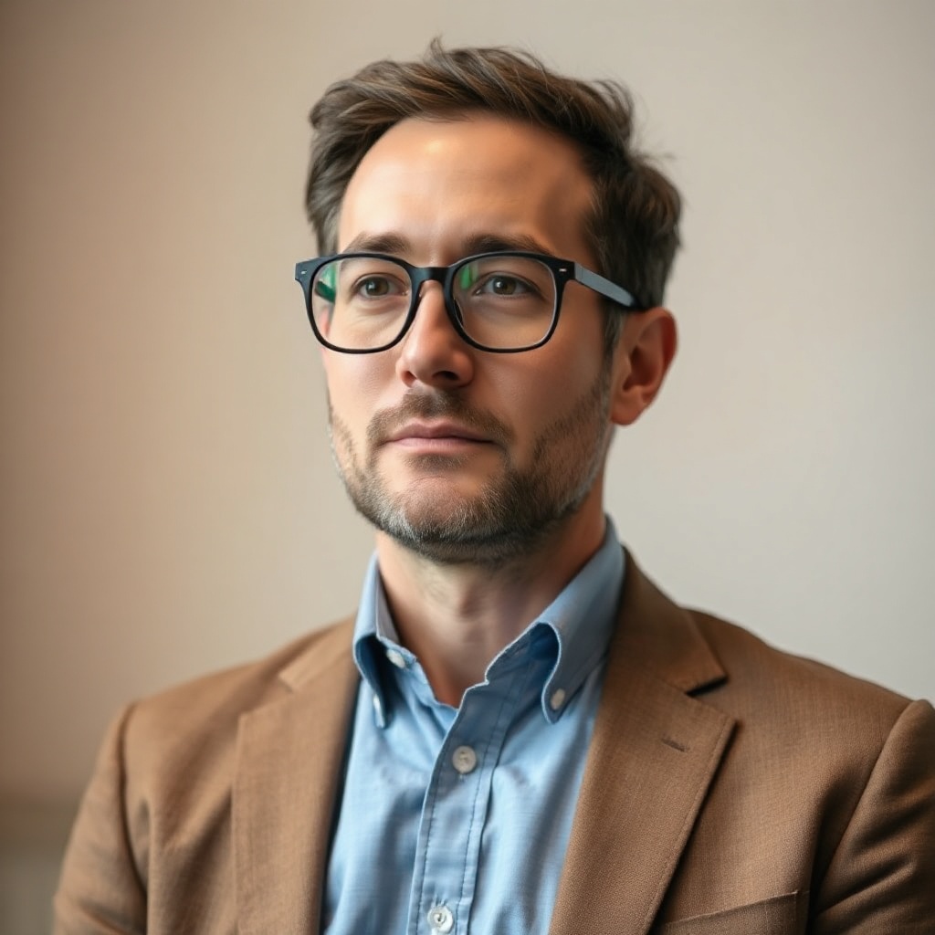 professional editorial portrait of a thoughtful male clinical psychologist, glasses, soft lighting
