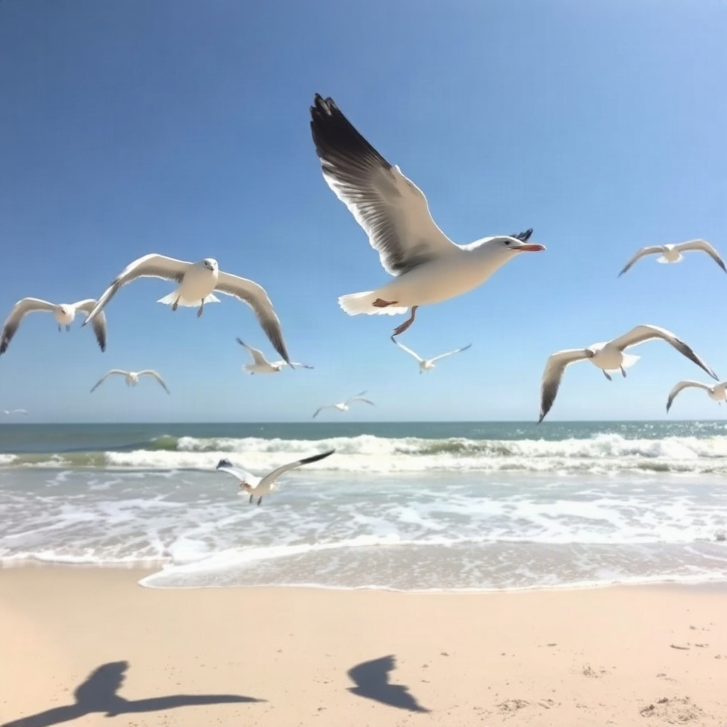 low angle shot of seagulls flying over a white sandy beach with waves, bright day