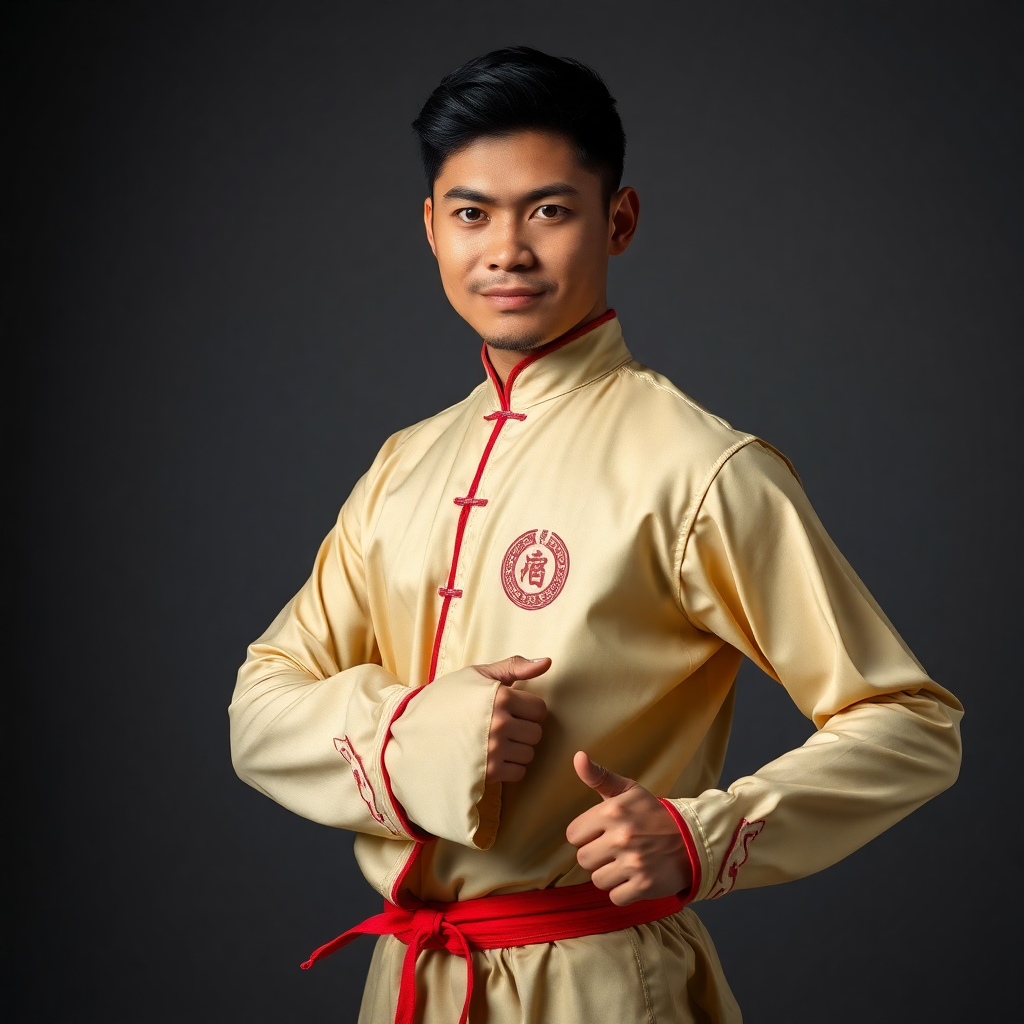 young Indian male wushu athlete in competition uniform portrait professional sports photography conf
