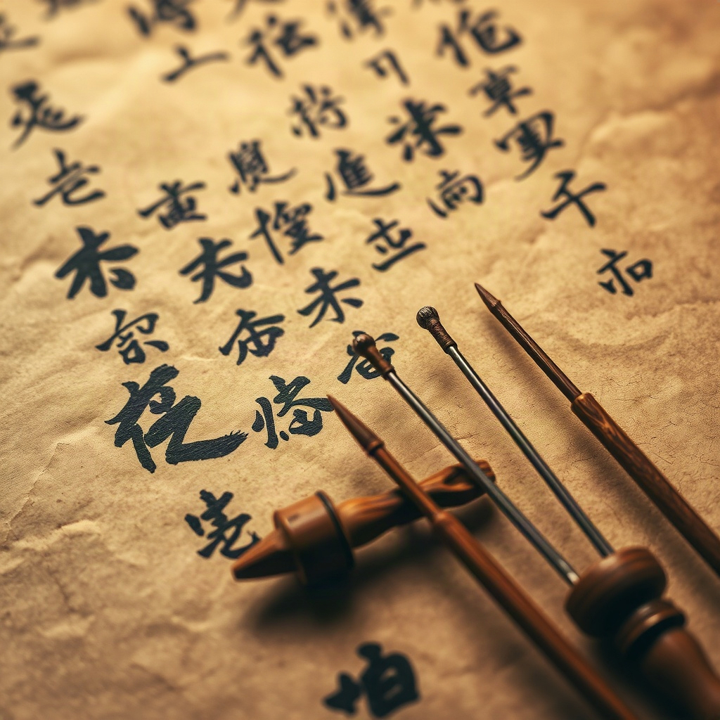 ancient chinese medicine scroll calligraphy close up texture, traditional acupuncture tools