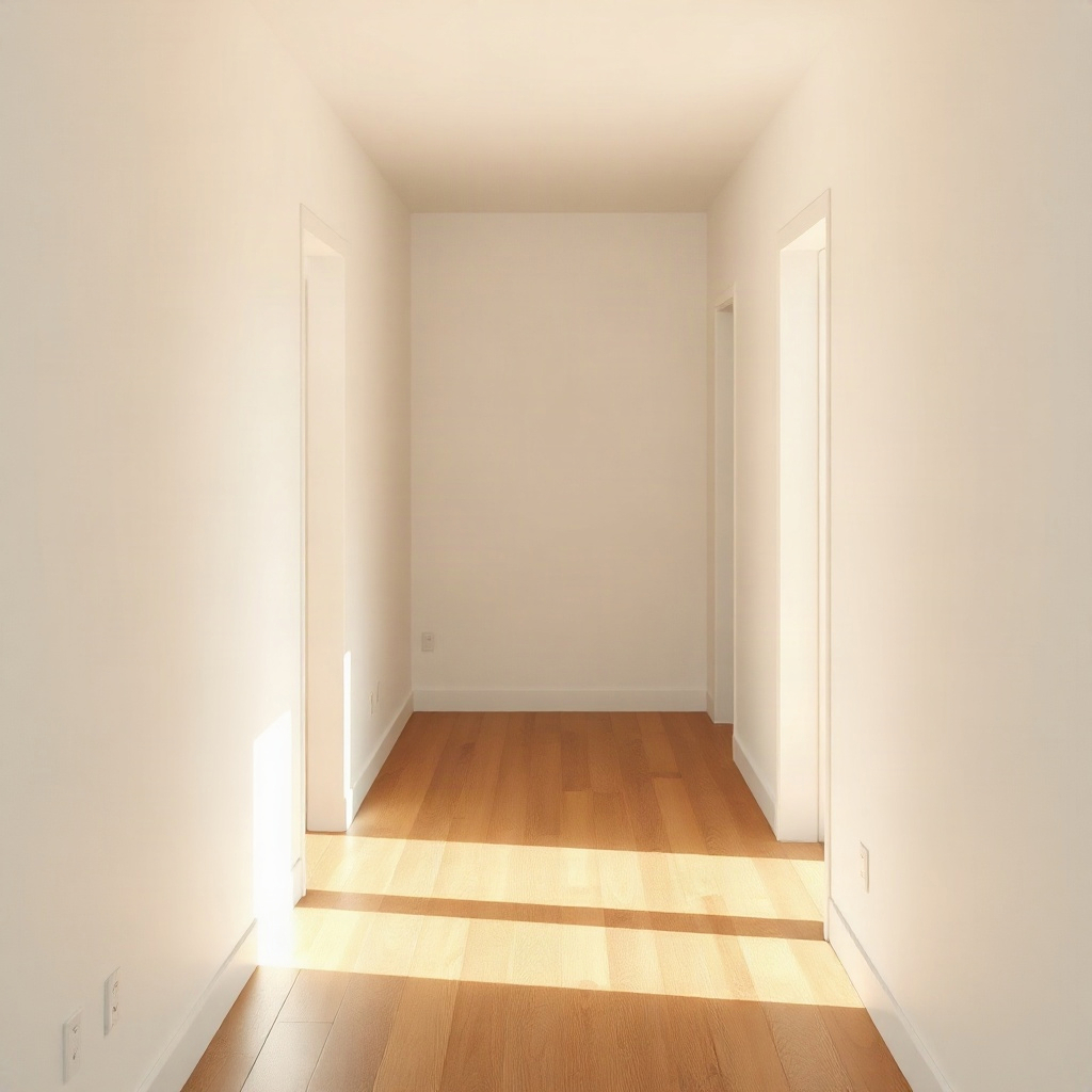 minimalist hallway with light and shadow play, wooden floor, white walls