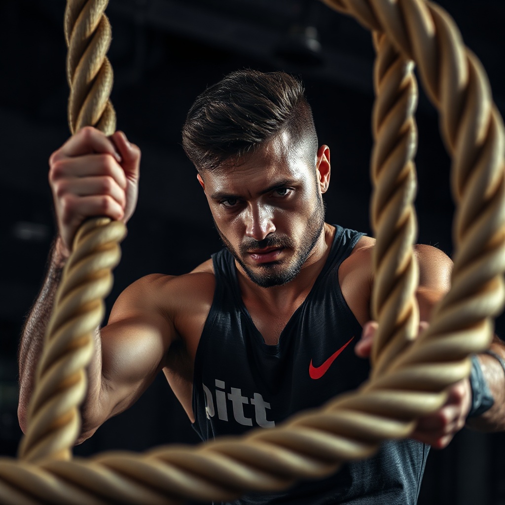 athlete doing battle ropes exercise, sweat, dark gym, dramatic high contrast lighting, athletic trai