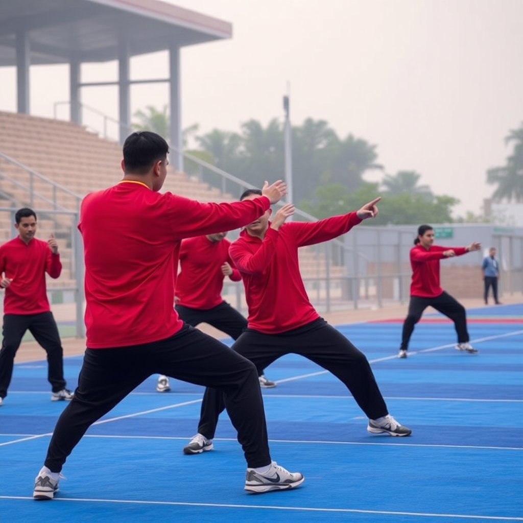 wushu athletes training outdoor Gujarat stadium morning session group