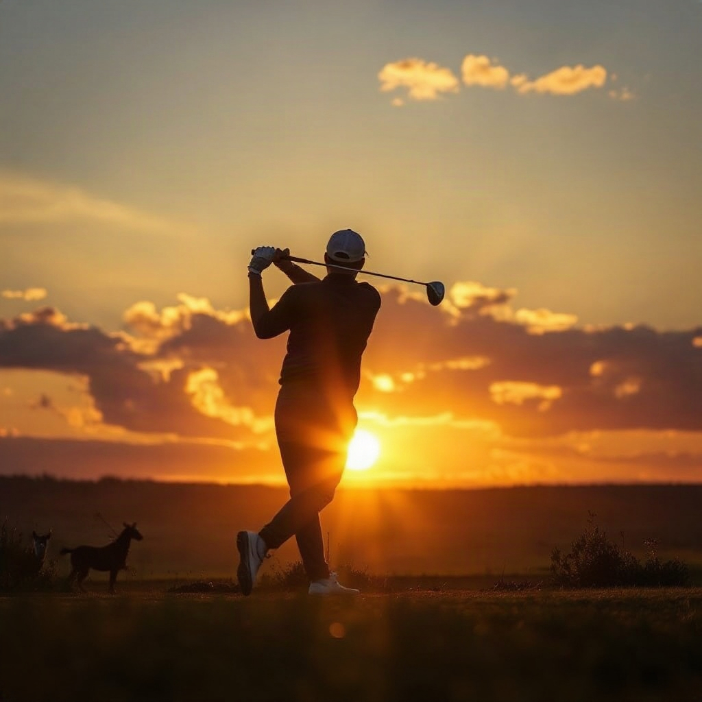 golfer finishing a swing, silhouette, sunset