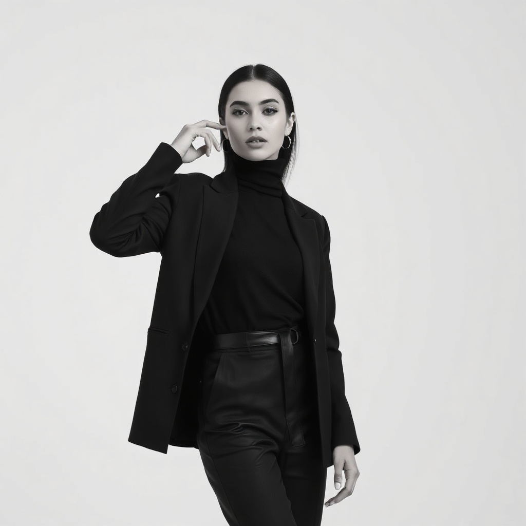 editorial black and white fashion portrait, elegant Syrian woman in minimalist black outfit, clean b