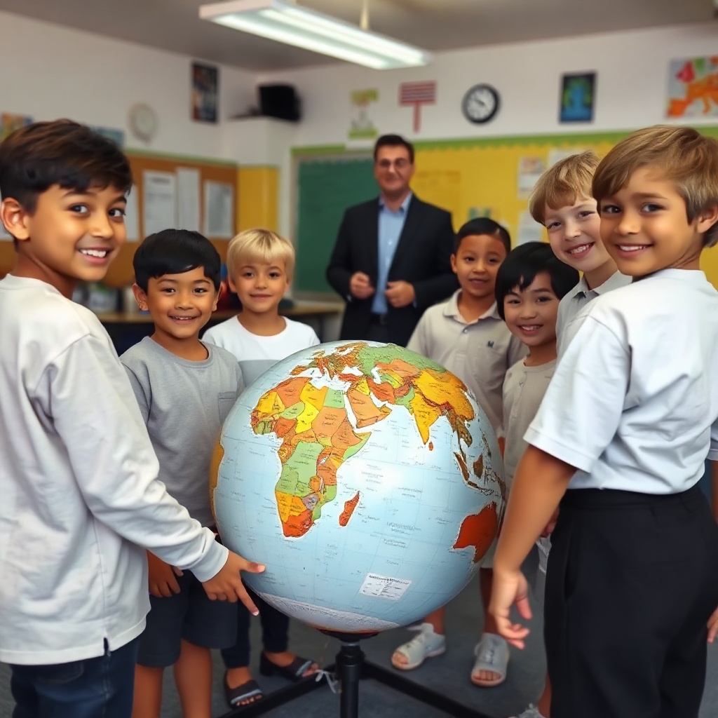 young students standing around a globe in a classroom, teacher in the background, educational enviro