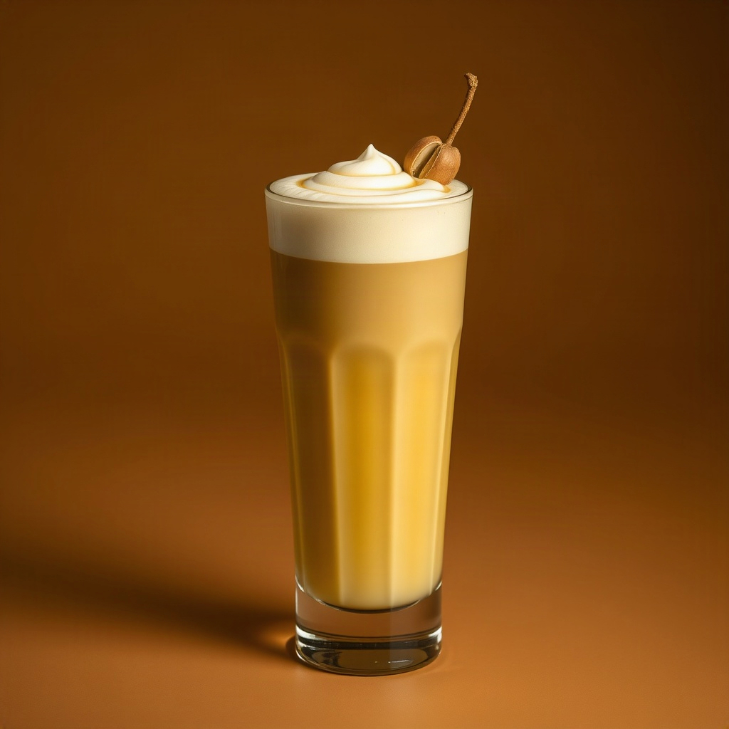 Tall glass of pistachio latte with swirled foam art and a whole pistachio garnish