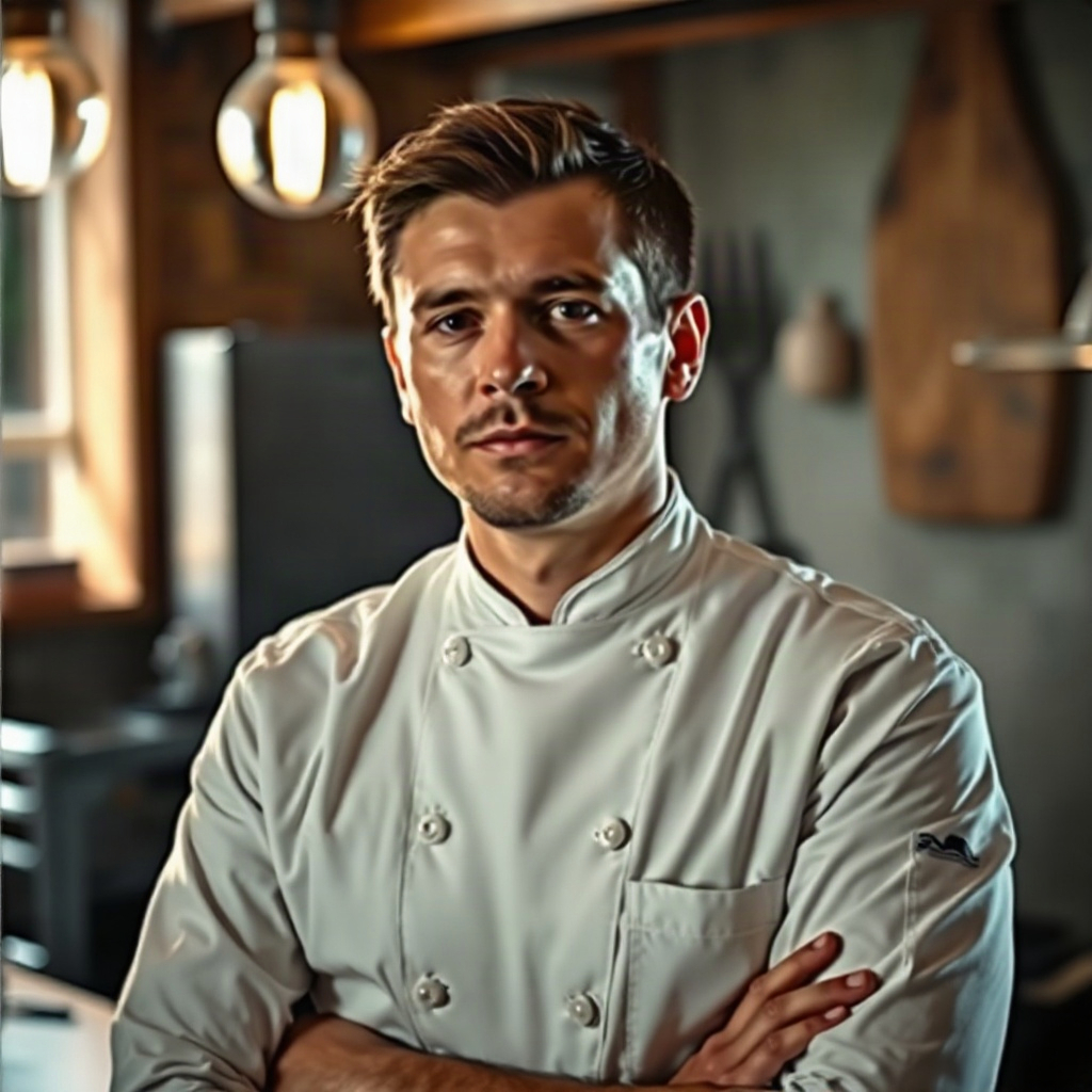 portrait of a professional chef in white uniform, focused expression, rustic kitchen background, moo