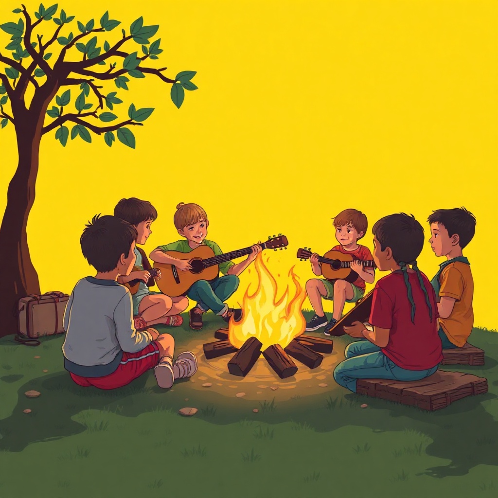 kids sitting around a campfire singing and playing guitar, outdoors educational camp, vibrant yellow