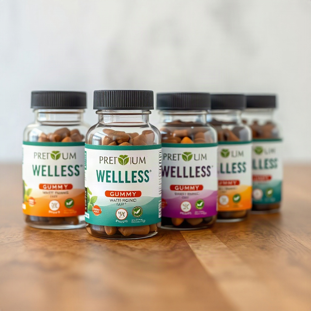 six bottles of premium wellness gummy supplement lined up on natural wood surface, clean bright prod