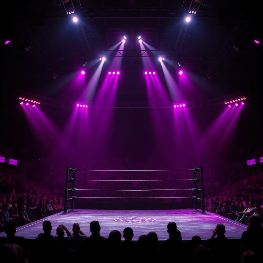 dark wrestling arena with dramatic spotlight beams, crowd silhouettes in background, neon pink and p