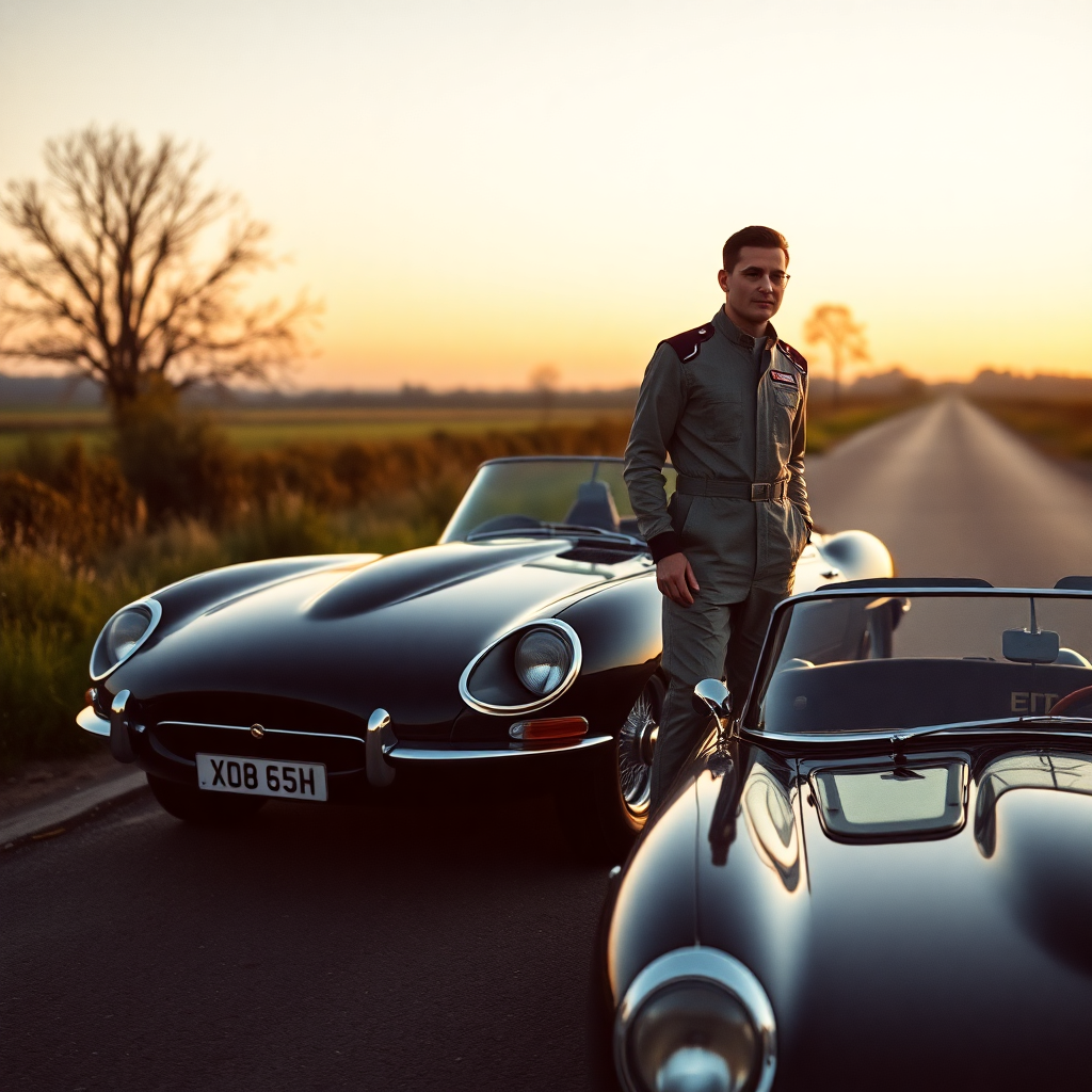 cinematic editorial portrait of a driver in race suit standing beside classic Jaguar E-Type at dusk 