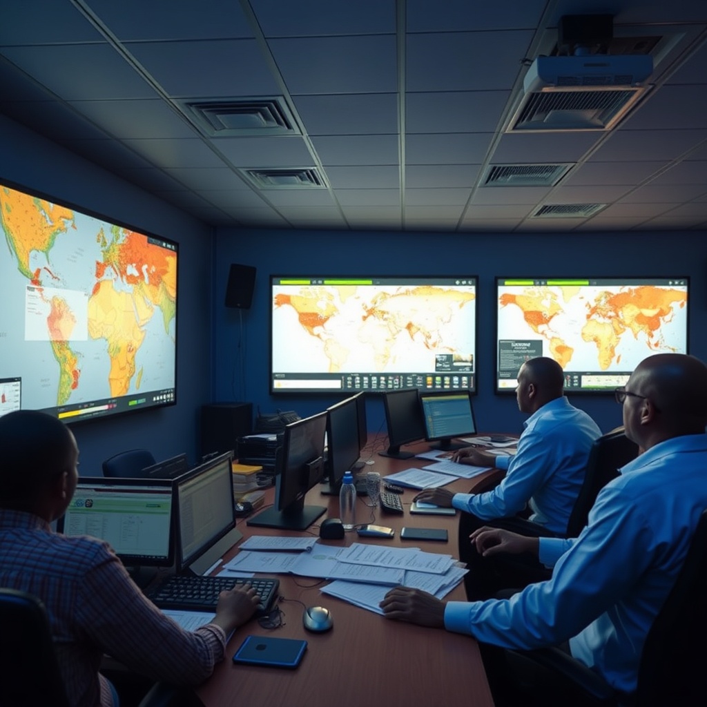 professionals coordinating disaster management response in a command center, maps and screens, Kenya