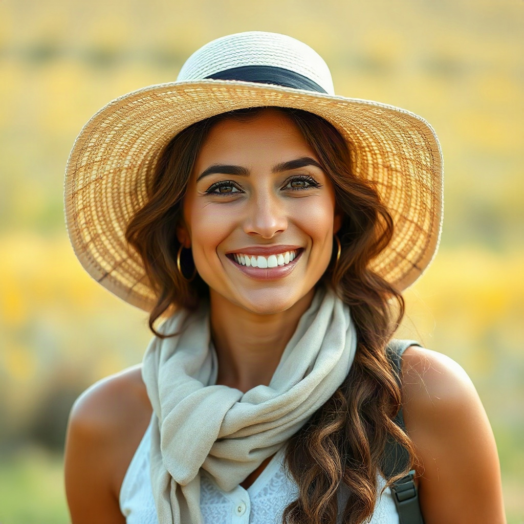 portrait of a female traveler with a sun hat, smiling