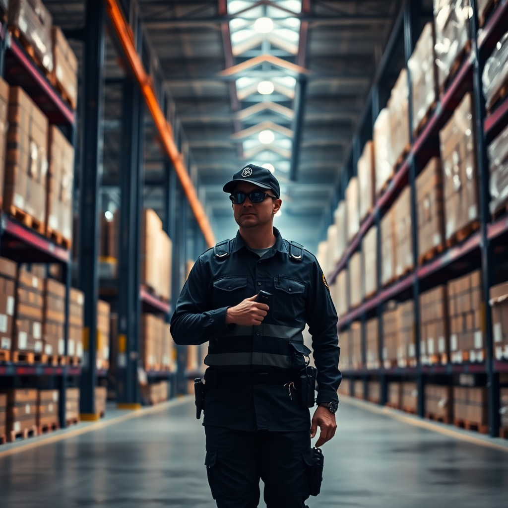 security guard patrolling large warehouse storage facility interior, dramatic industrial lighting