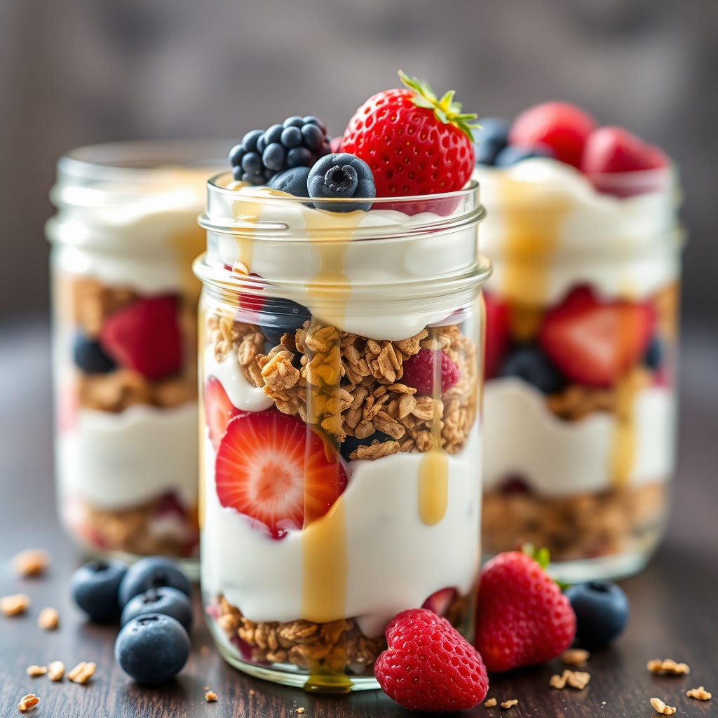 granola yogurt parfait in a clear glass jar with fresh berries and honey drizzle, beautiful layered