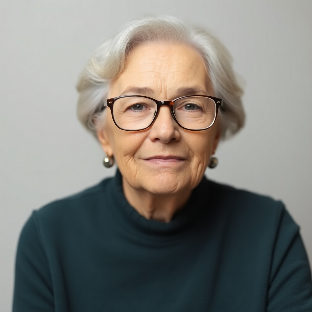 portrait headshot of an elderly woman with glasses, gentle expression, soft light, neutral backgroun