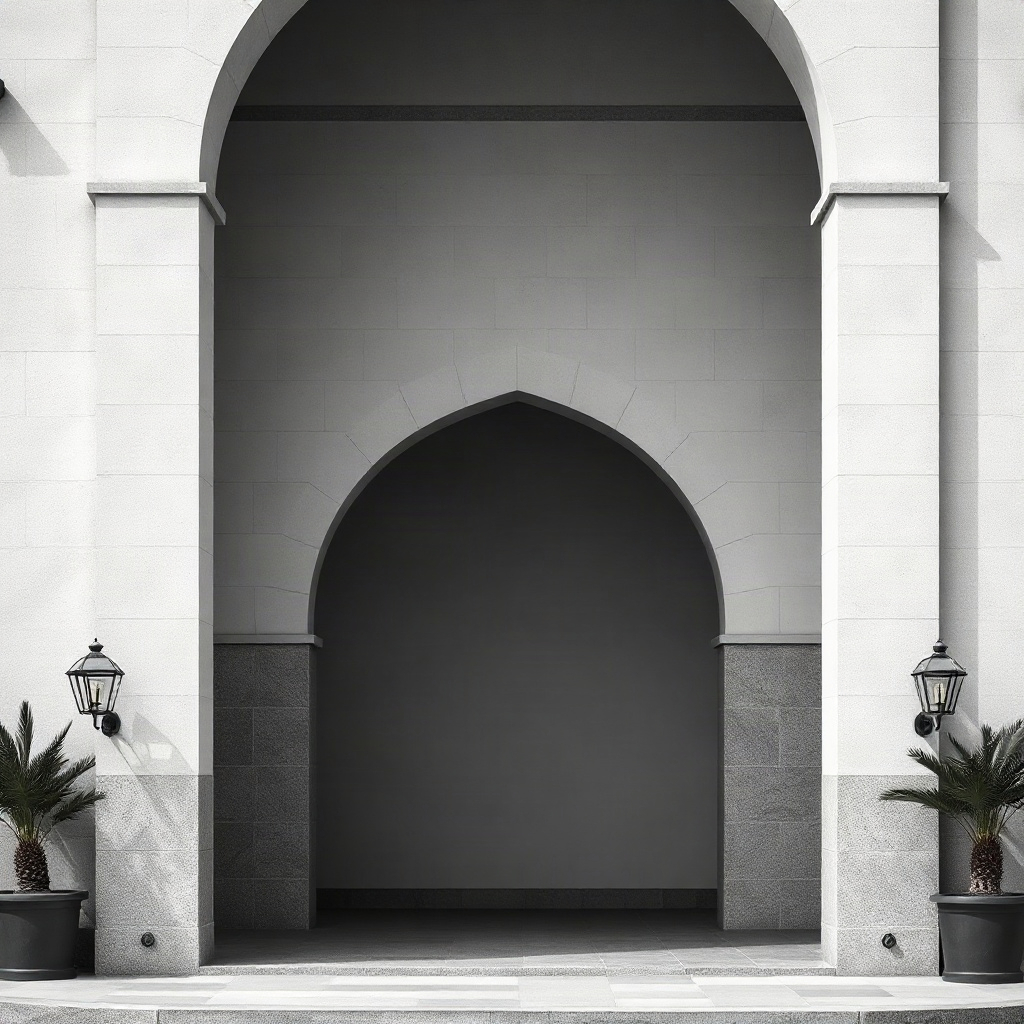architectural archway with minimalist banner mockup text, high-contrast photography