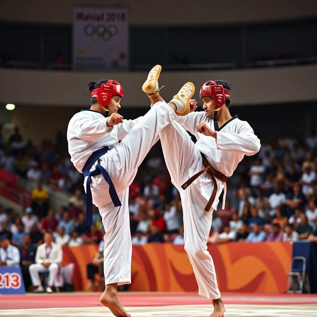 taekwondo competition kick moment Gujarat state championship, two athletes in dobok uniforms, sports