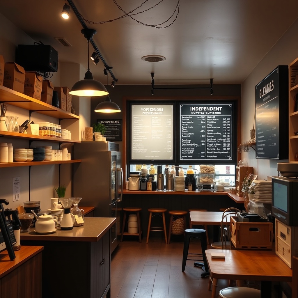 cozy interior of an independent coffee shop with warm lighting, wooden shelves, and menu board, welc