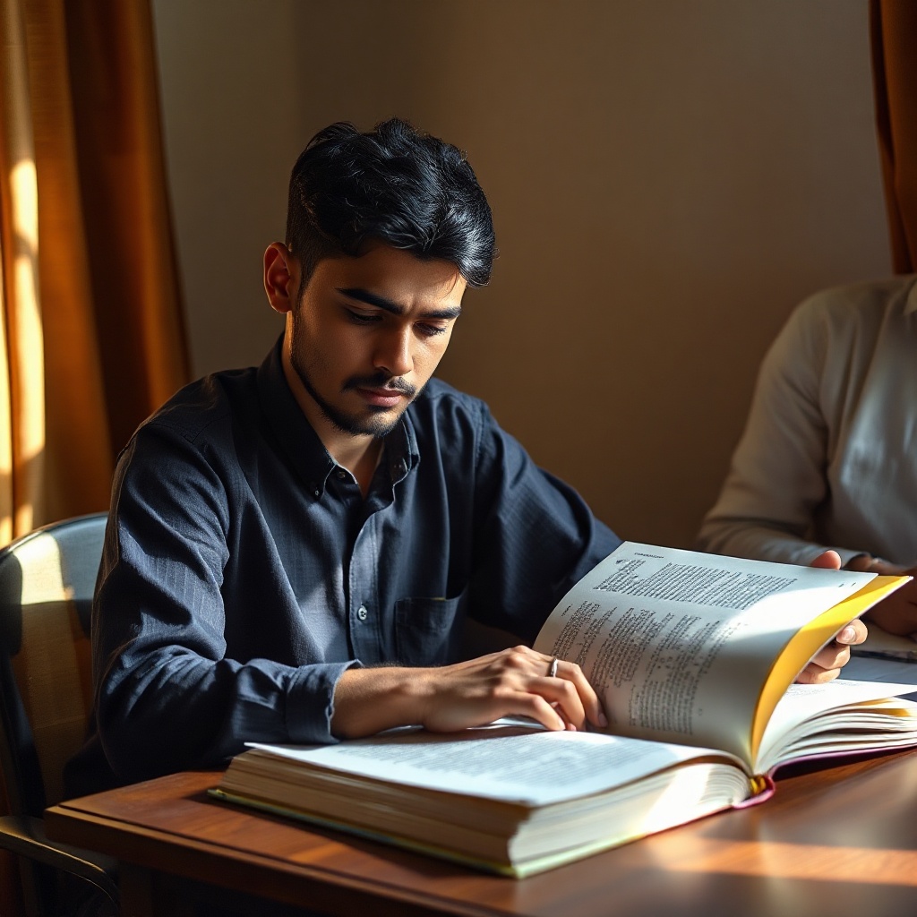Indian student studying English grammar book at desk, warm natural light, candid