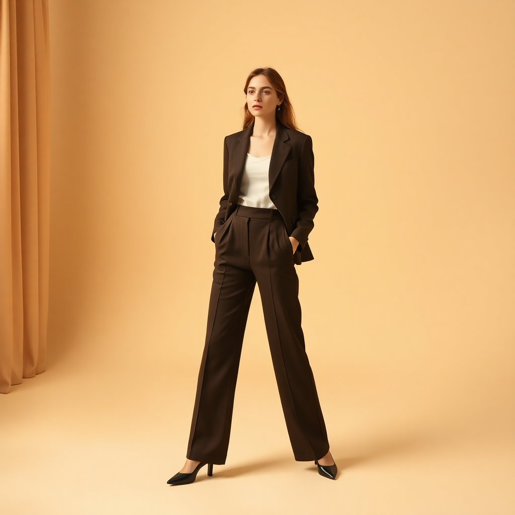 woman wearing tailored high waist wide leg trousers, elegant studio fashion photography warm tones