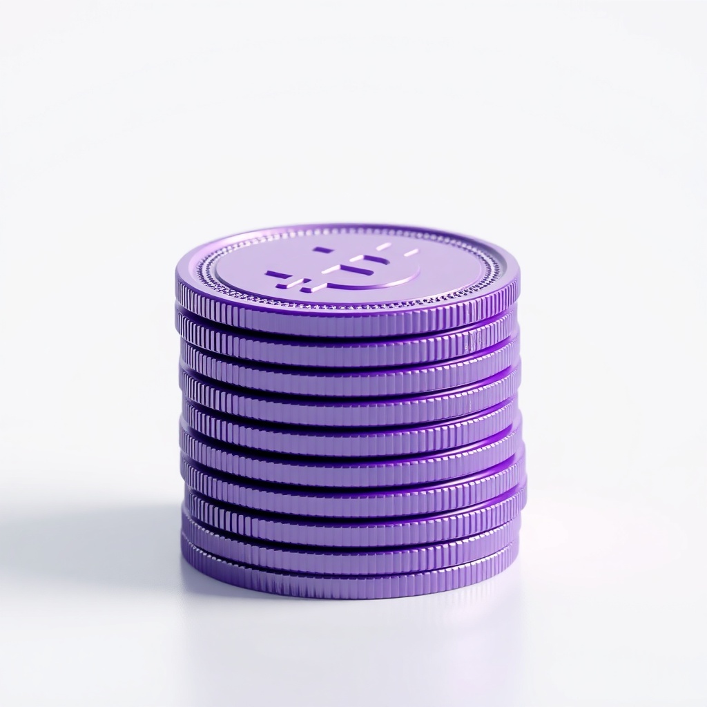 Glossy purple payment coin stack, studio product render, soft shadows on light background