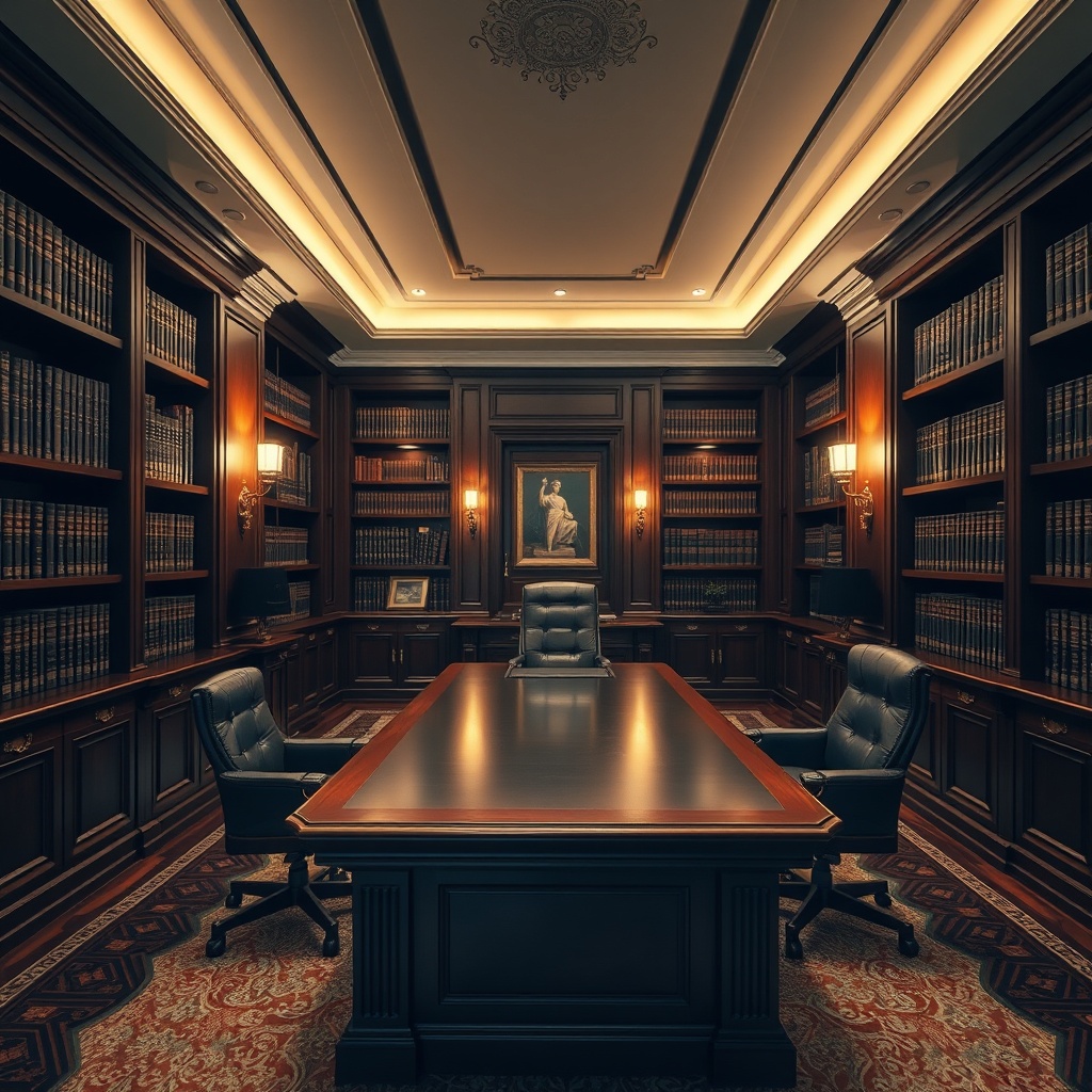 elegant corporate office interior, dark mahogany desk, bookshelves with legal books, warm ambient li