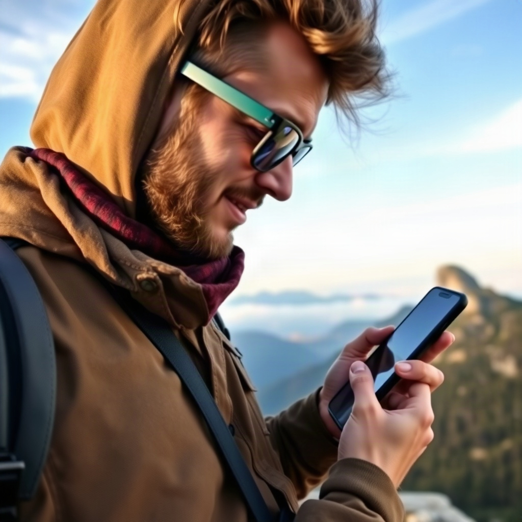 modern traveler using a mobile app at a scenic viewpoint, mountain background