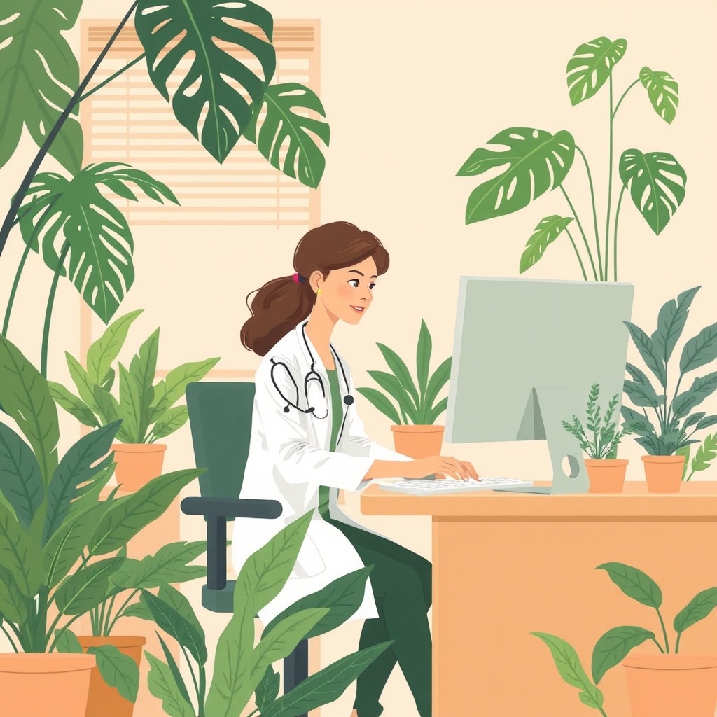 female doctor in white coat sitting at desk working on computer monitor, tropical green plants surro