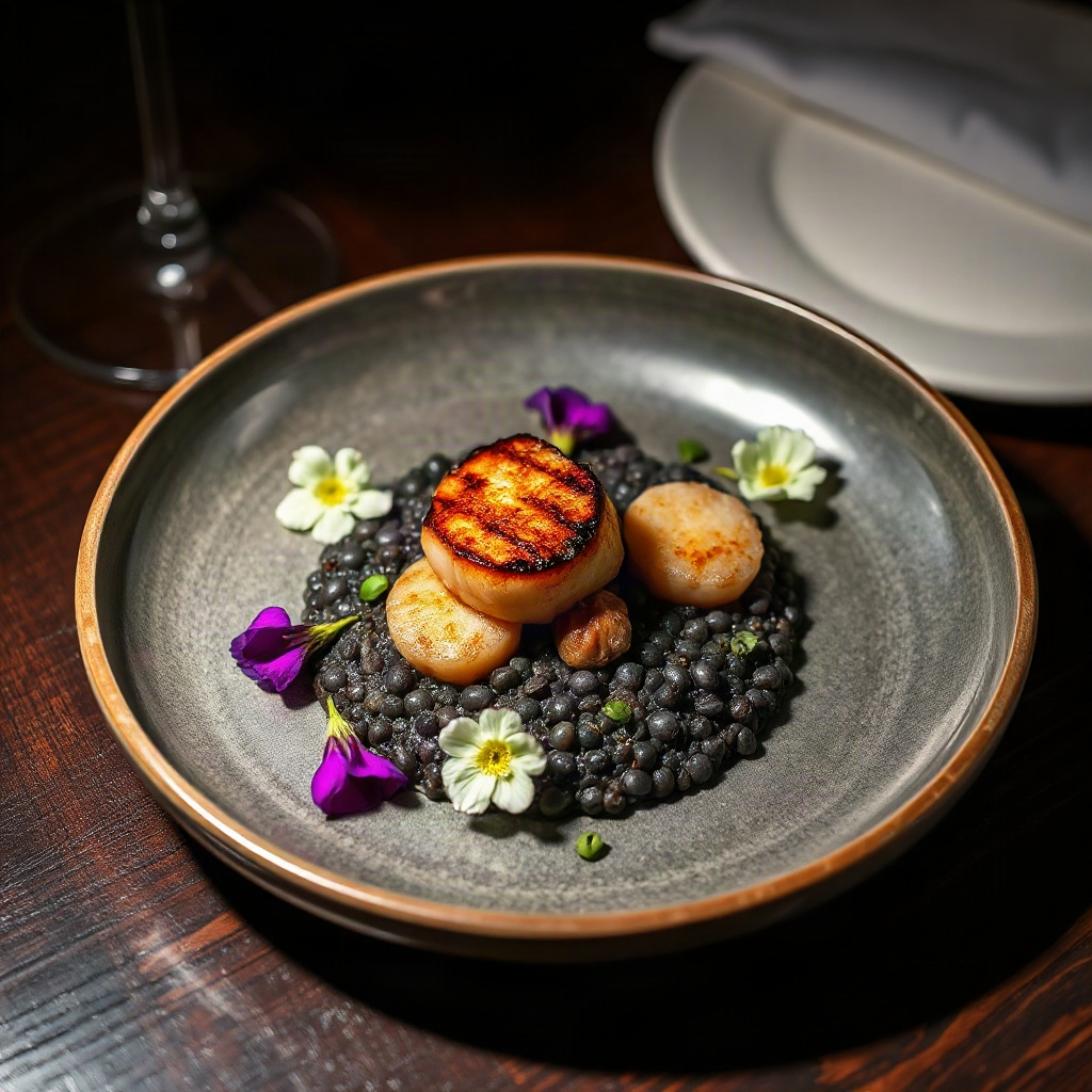 gourmet restaurant plating, seared scallops on black risotto with edible flowers, dramatic side ligh