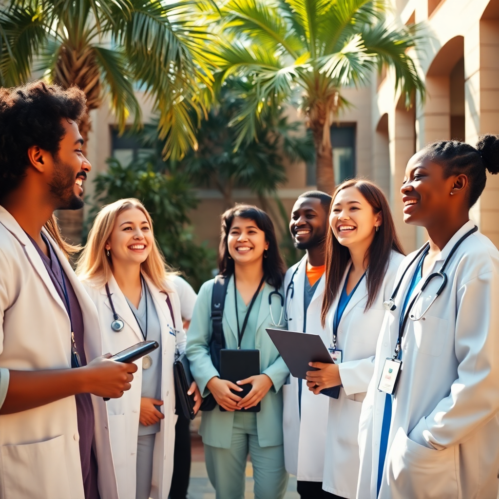 warm lifestyle video still of diverse medical students laughing together in a sunlit campus courtyard