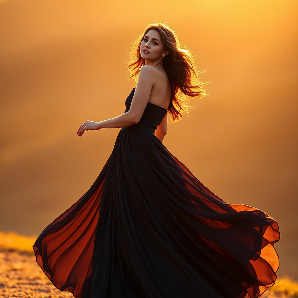 elegant woman wearing flowing maxi dress in golden hour light, luxury fashion photography warm tones