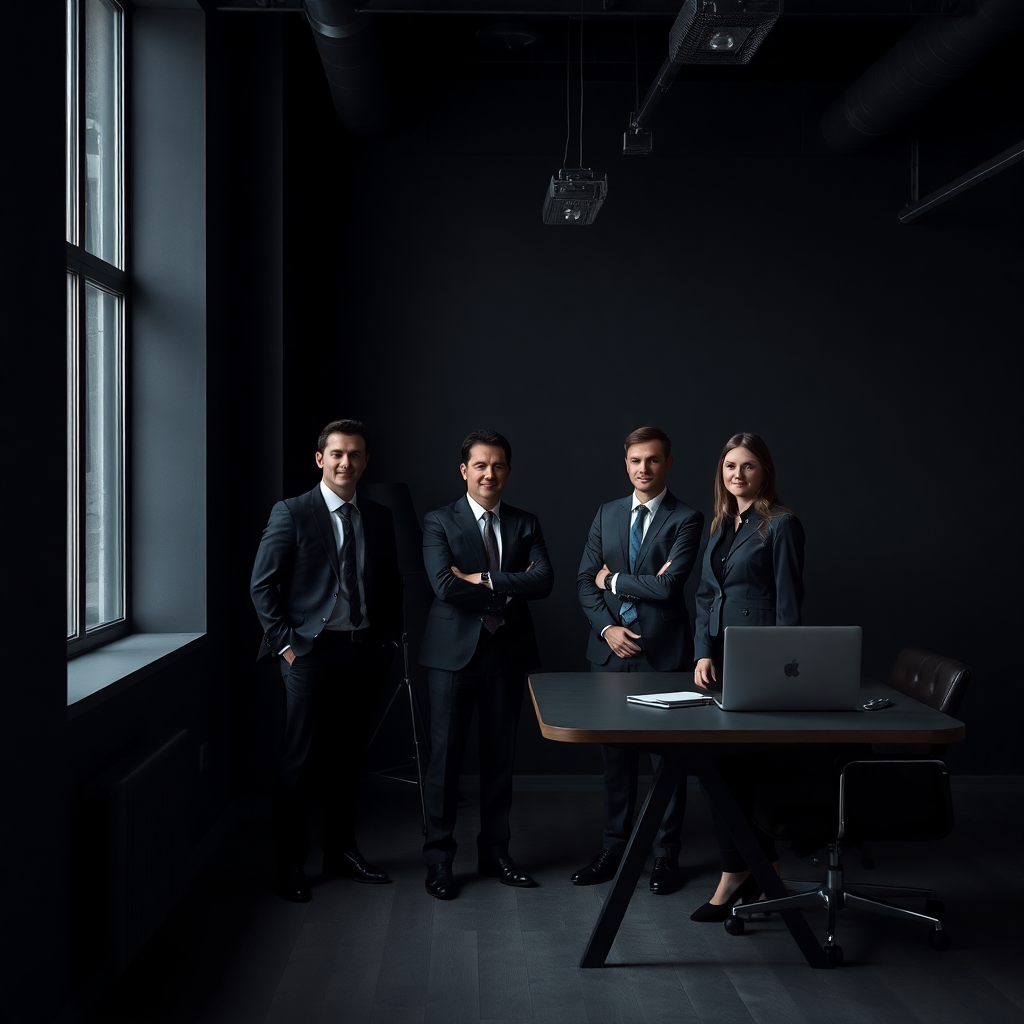 dark moody professional accountant team in modern Warsaw office, minimal dark interior, architectura