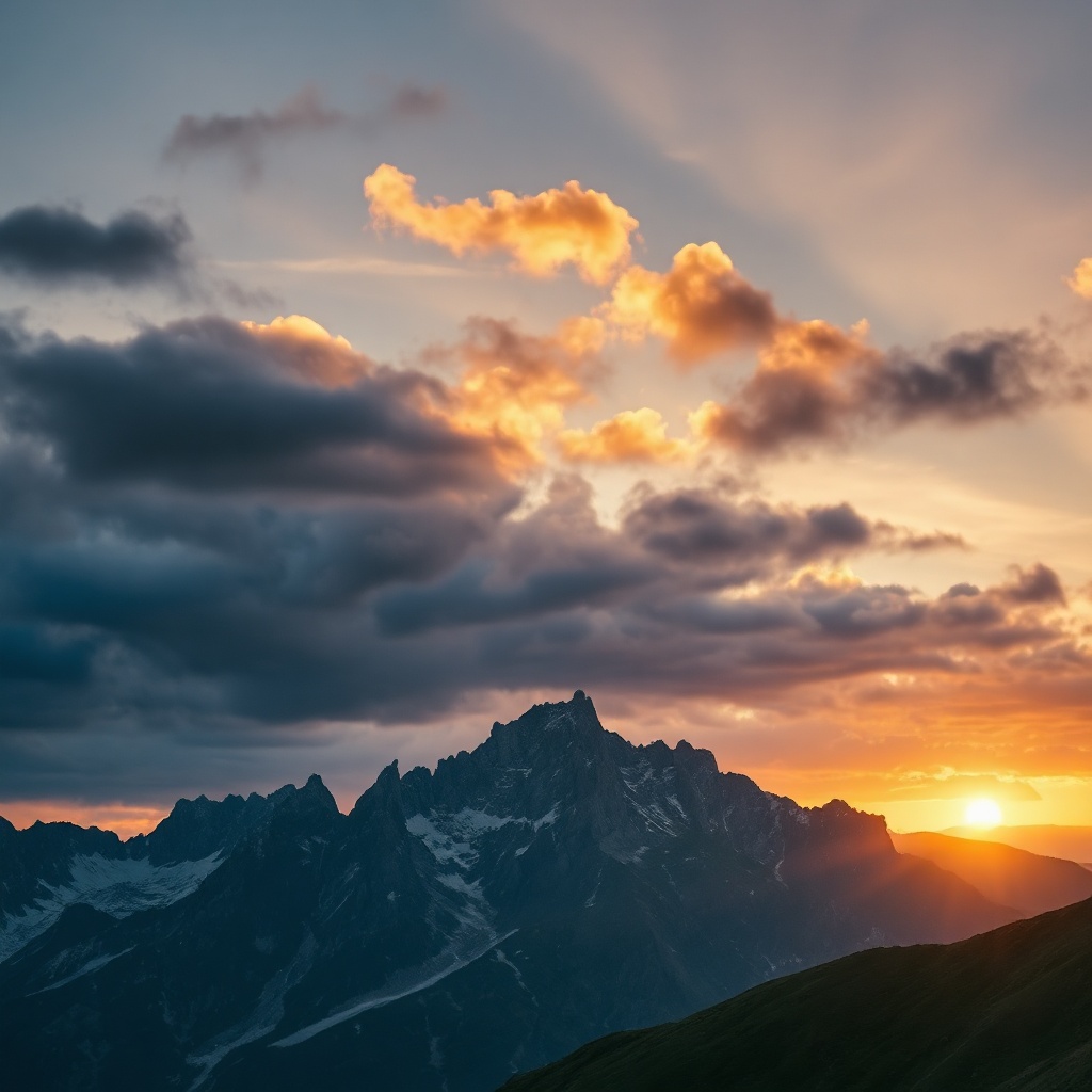majestic mountain range under a vast sky at sunset, dramatic lighting, epic landscape photography