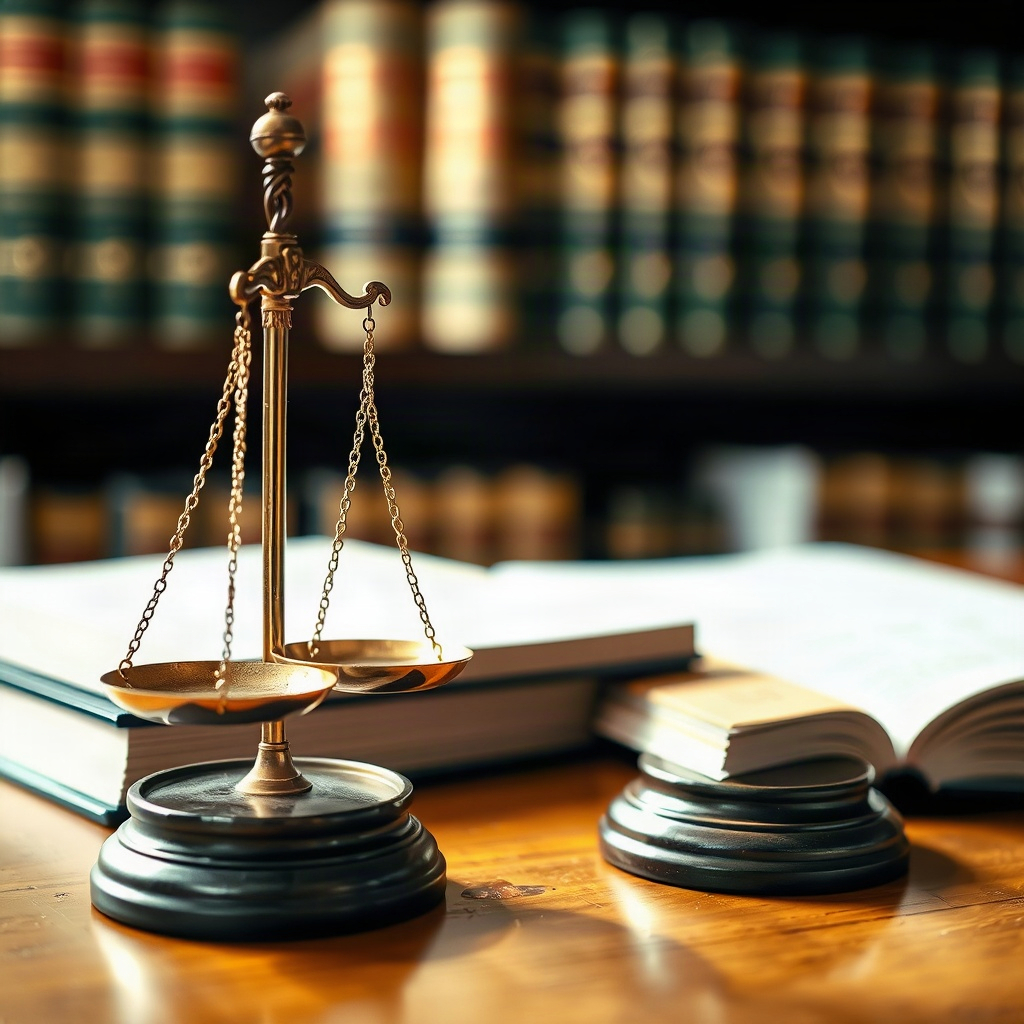 close up of scales of justice and law books on a wooden desk, warm light