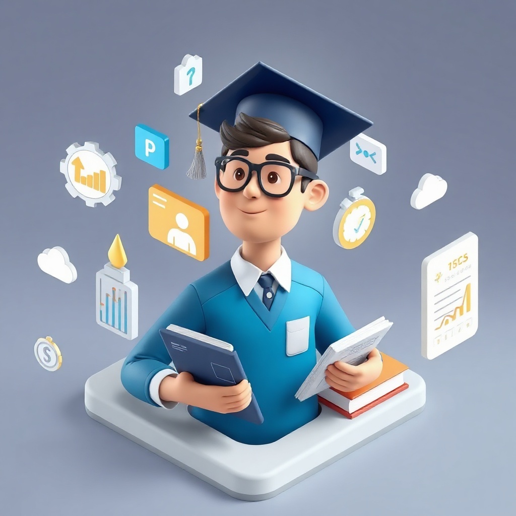 premium 3D isometric illustration of a student with floating educational icons, graduation cap, book