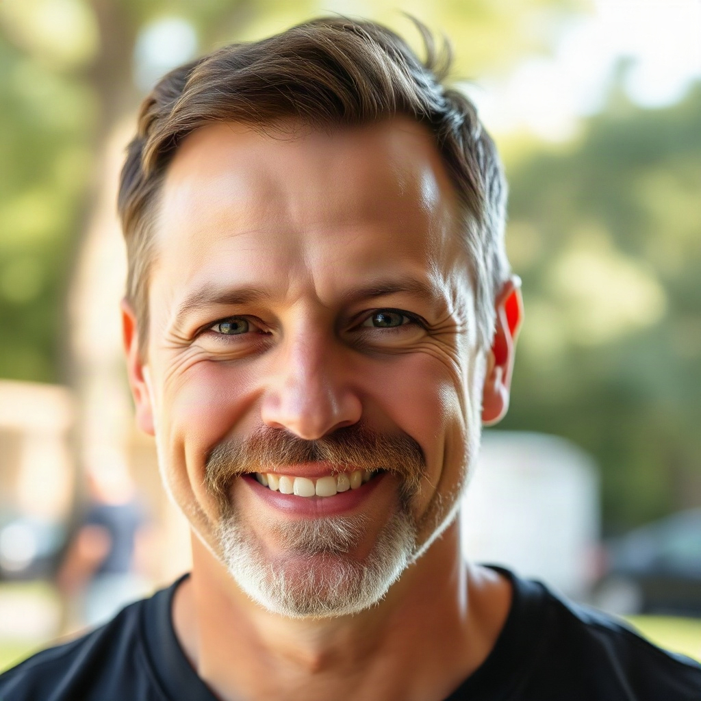 portrait of a man in his 40s with short beard, friendly
expression, outdoor natural light, professio