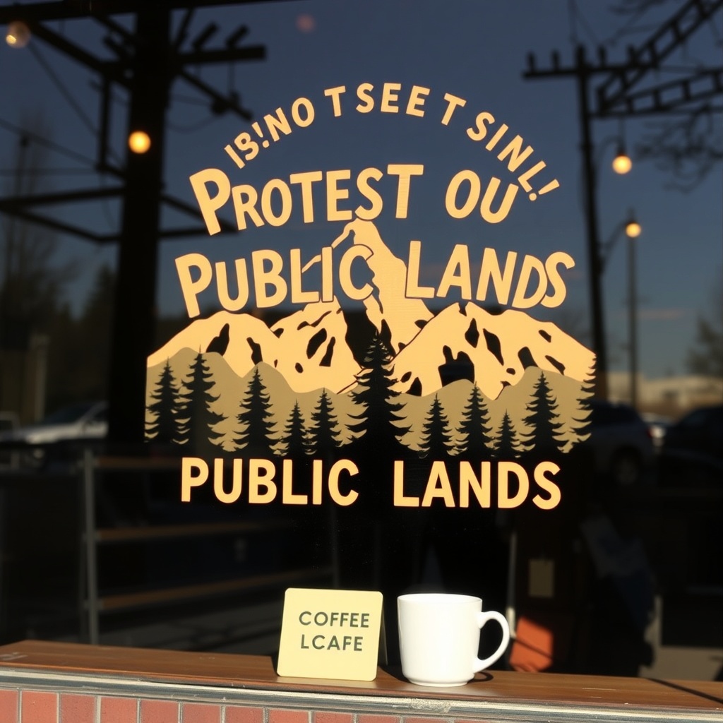 coffee shop window art Protect Our Public Lands mountains trees nature text, advocacy signage