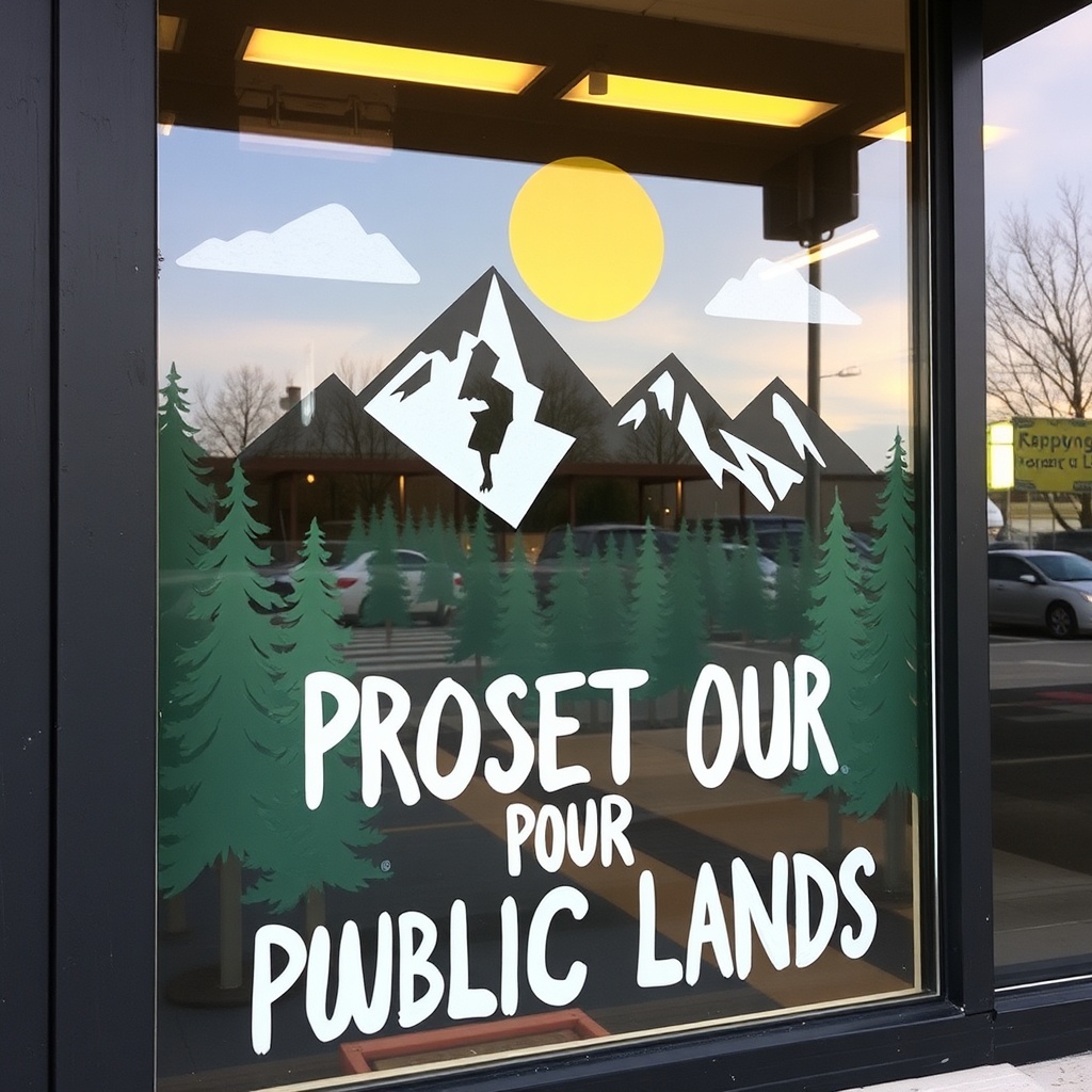 coffee shop window art Protect Our Public Lands mountains trees nature advocacy text painted storefr
