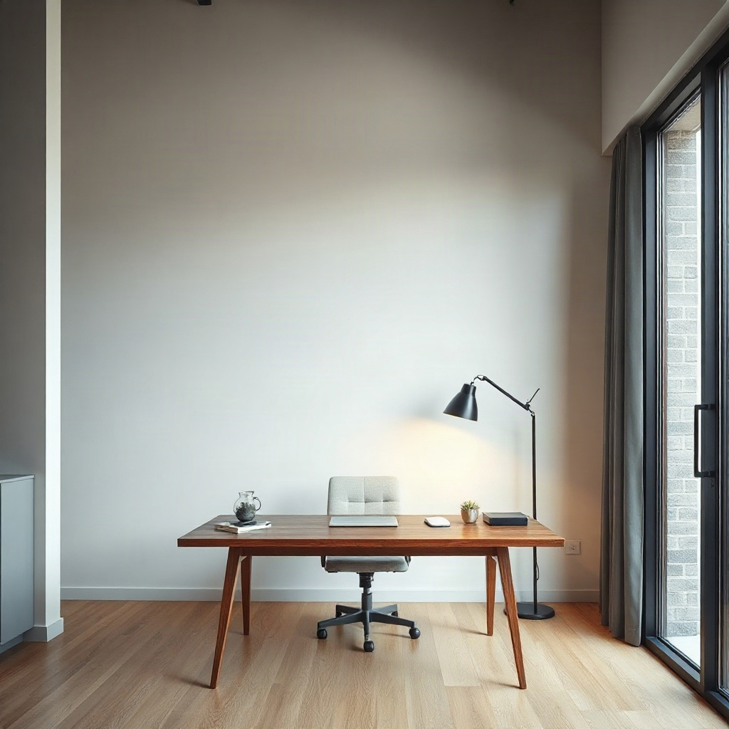 minimalist office interior with wooden desk and stylish lamp, architectural photography