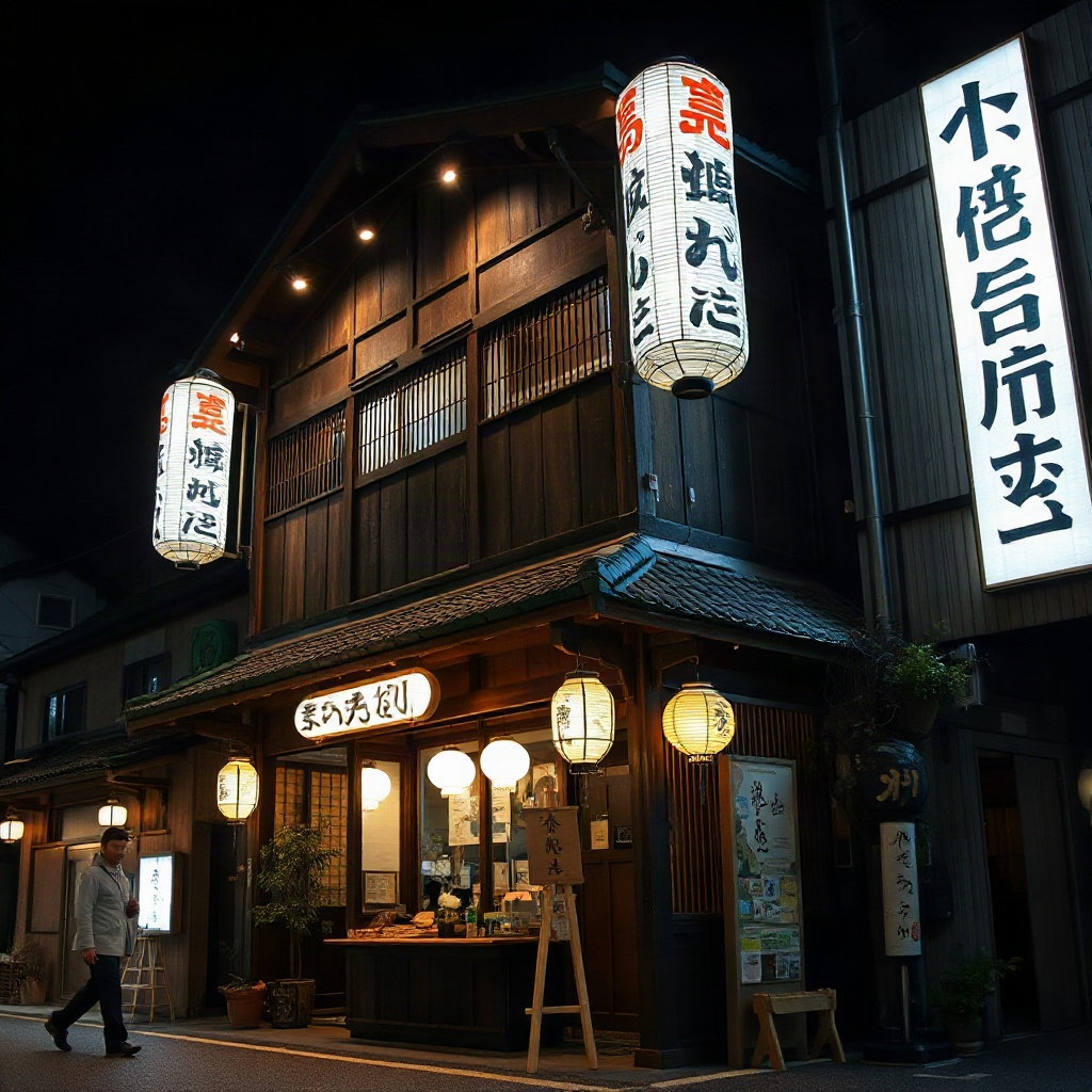 traditional kyoto wooden storefront at night with lanterns