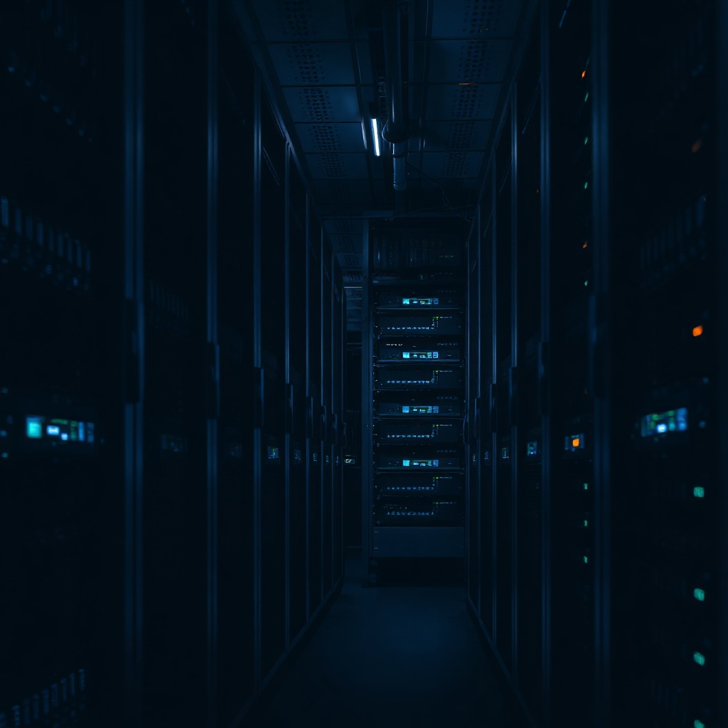 dark minimalist photo of server racks glowing faintly in a black data room