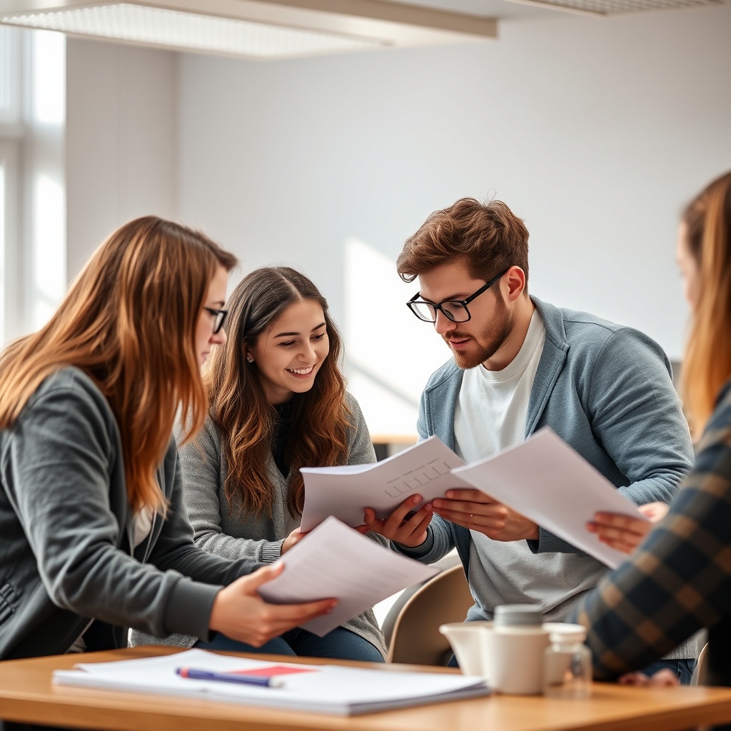 Group of students discussing study material together, bright classroom vibe