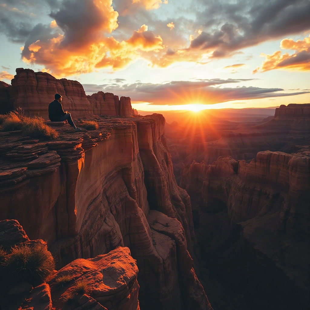 Traveler overlooking red rock canyons at sunset