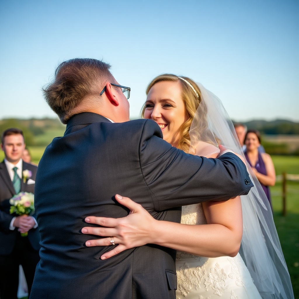 Joyful candid bride hug