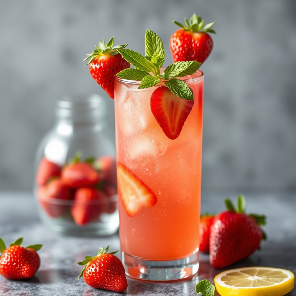 strawberry lemonade sparkling drink in a tall glass with fresh strawberries and mint