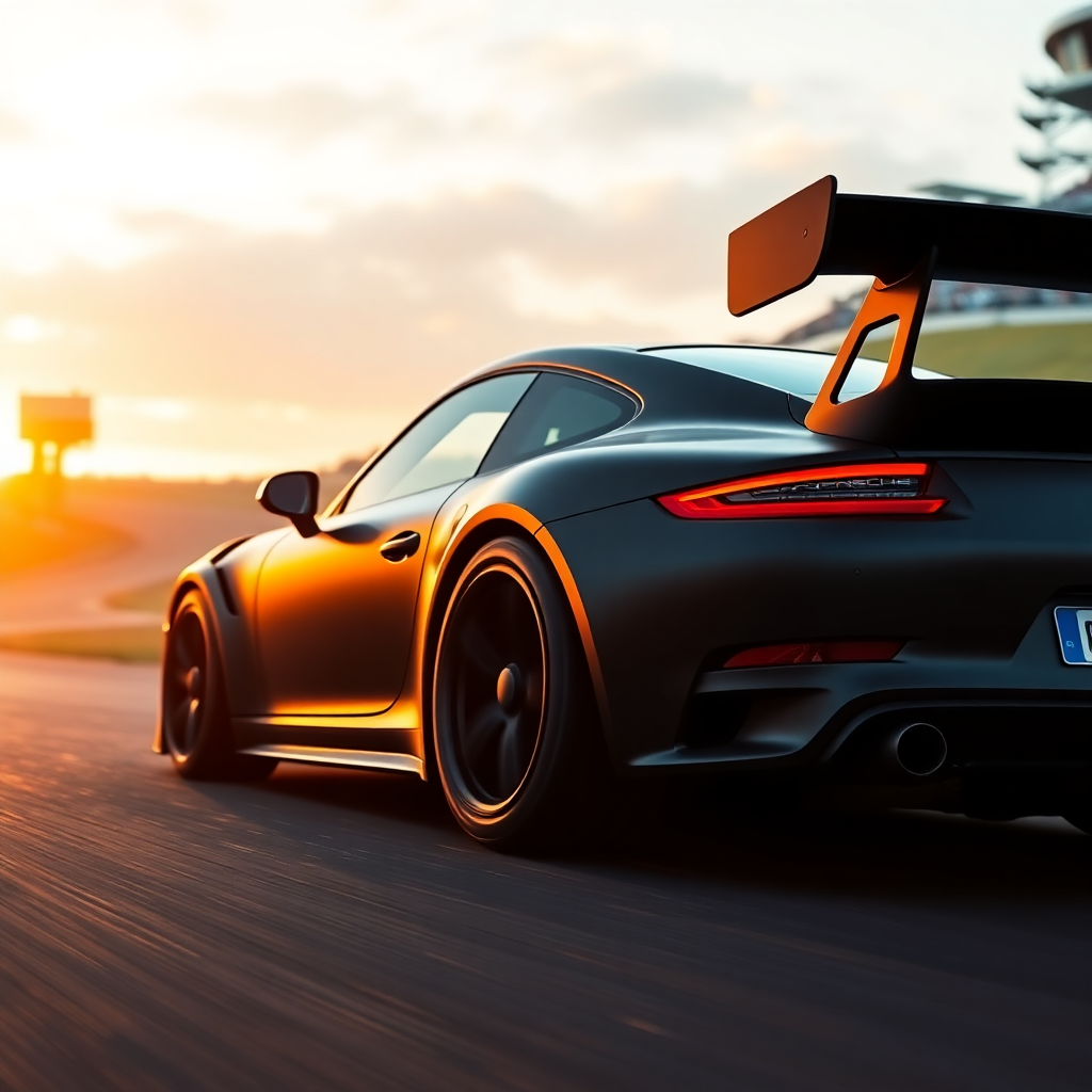 ultra cinematic wide shot of a matte black Porsche 911 GT3 RS at Goodwood hillclimb at dusk, dramati